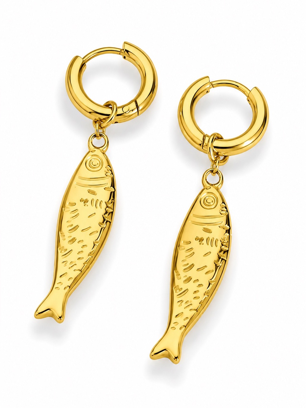 Gold Fish Charm Hoop Earrings - Gold Tone
